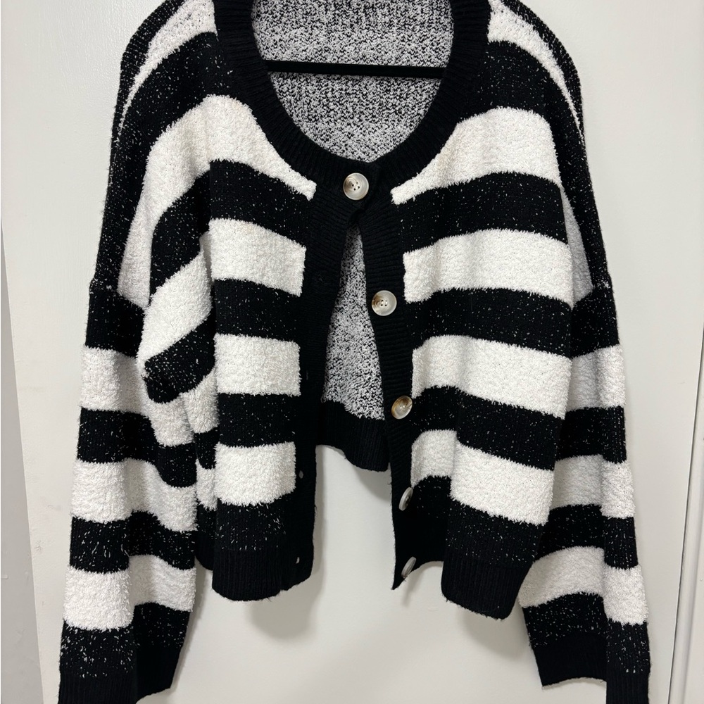 Dressed in LALA Black and White Striped Cardigan